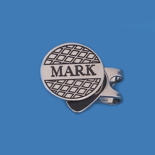 Personalized silver golf marker on a hat clip